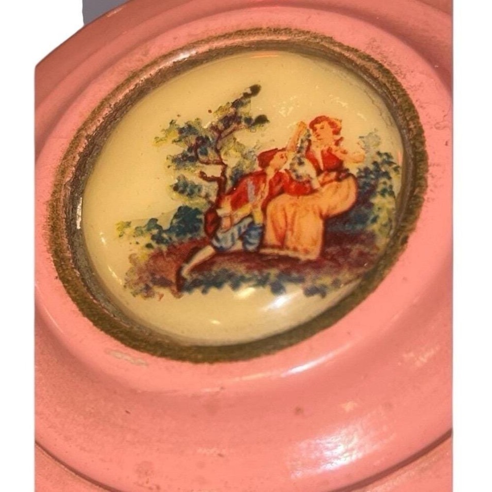 VTG Pink Musical Trinket Box Boudoir Vanity Courting Couple Japan Wind‎ Up Decor